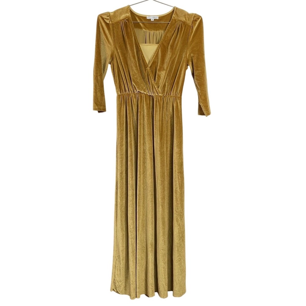 Baltic Born Dress Womens Medium Gold Velvet Maxi 3/4 Sleeve V Neck Elastic Wrap
